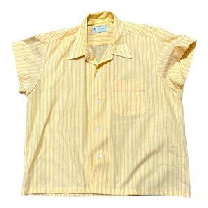 Vintage Rockabilly Grandpa Sir Walter Mens Short Sleeve Yellow Striped Shirt L